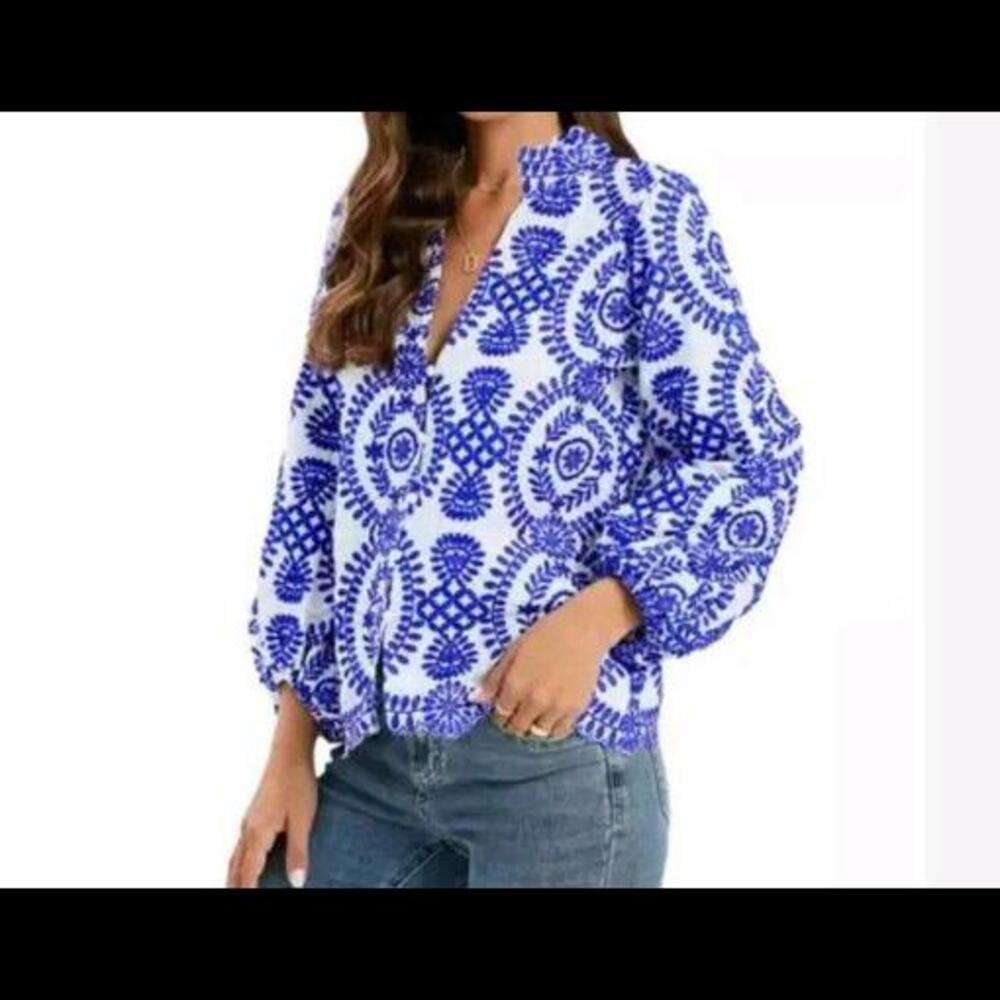 Heavily Embroidered Womens Top Large White Blue Balloon Sleeved Western Boho
